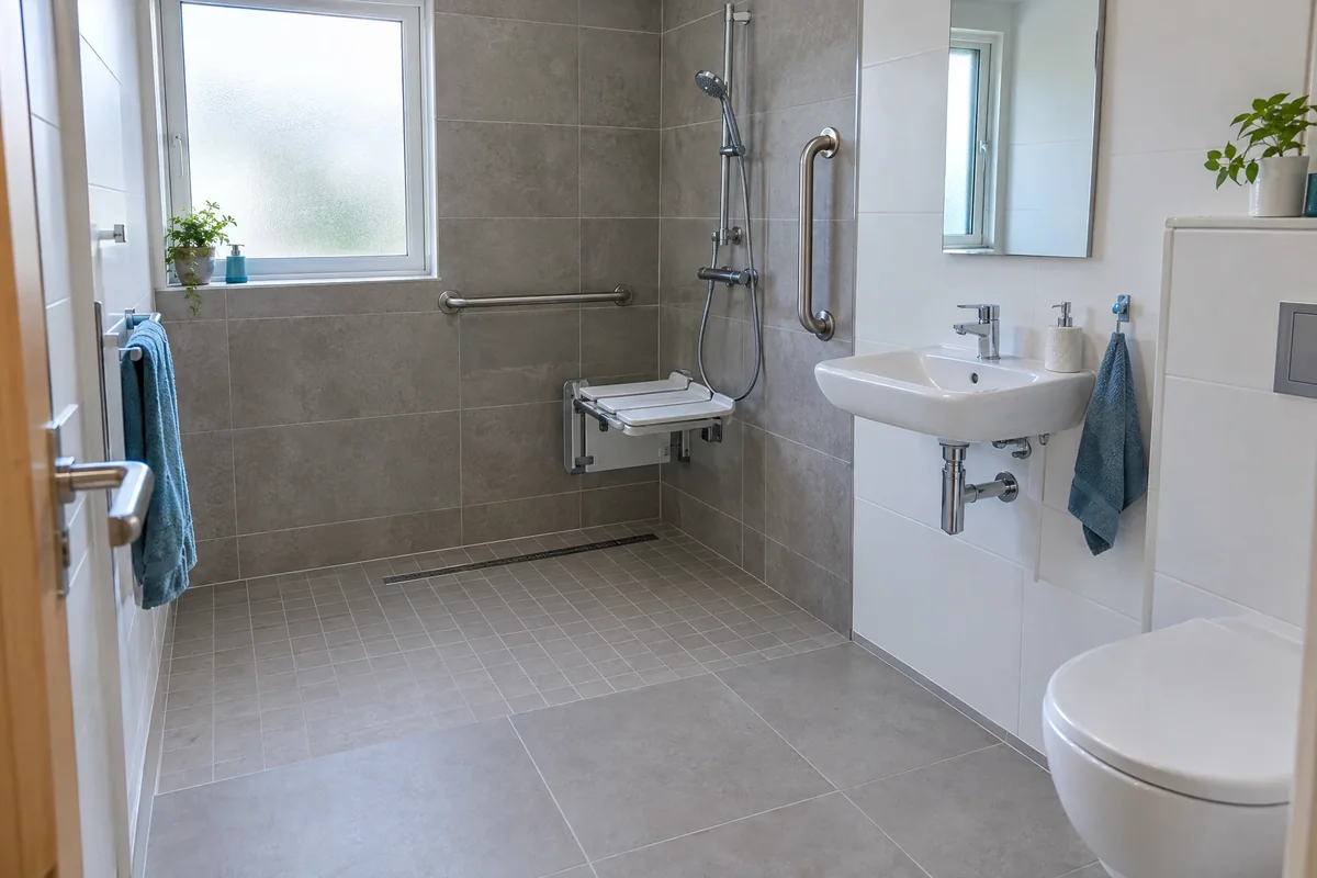 Accessible shower with grab rails and seat